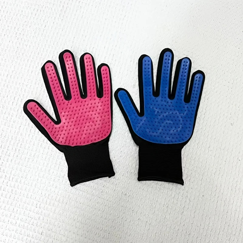 One pink and one blue pet grooming glove with rubberised, studded palms and black wrist cuffs.