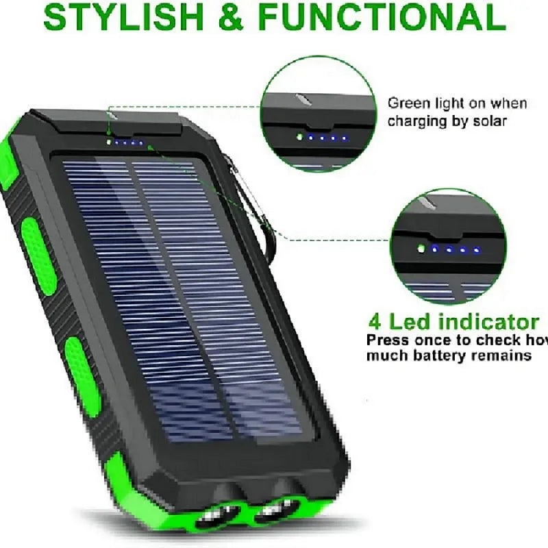 Black and green solar power bank with 4 LED battery level indicators and green solar charging light.