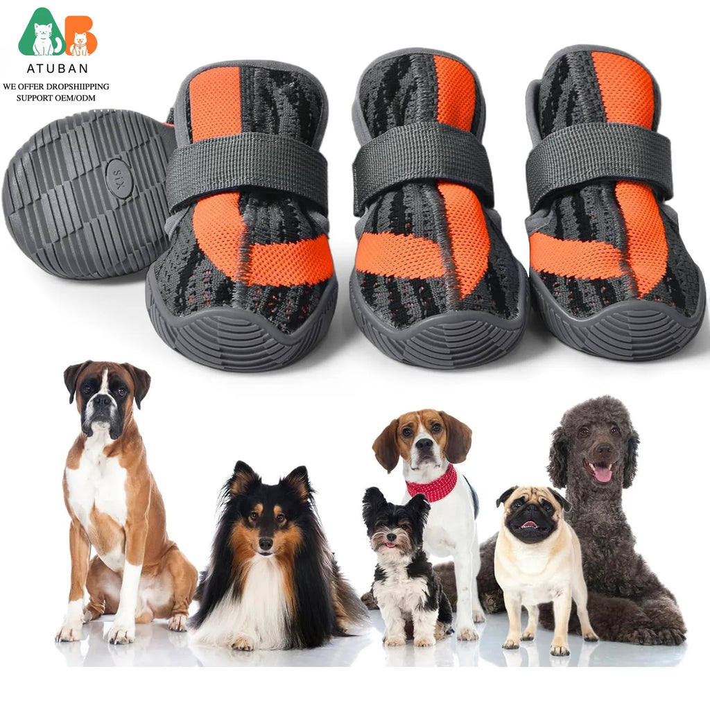Breathable grey and orange dog boots with rugged, non-slip rubber soles and secure velcro fastening straps.