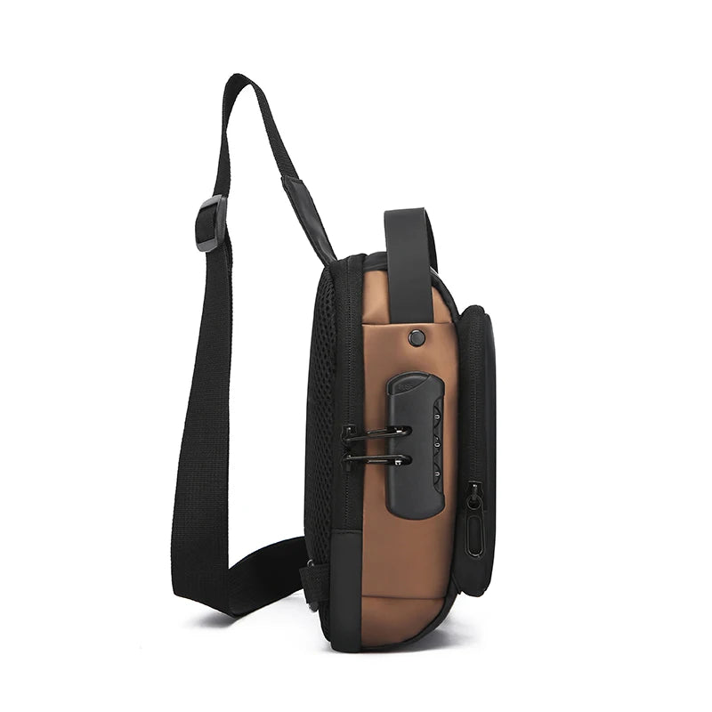 Brown and black anti-theft crossbody chest bag featuring a combination lock, side handle, and adjustable shoulder strap.