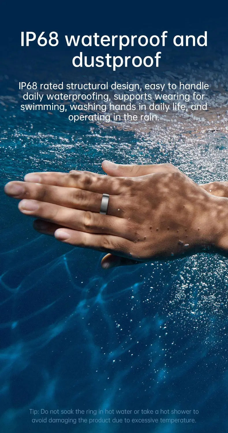 A sleek, silver smart fitness and sleep tracking ring worn on a hand submerged in water, highlighting its waterproof design.