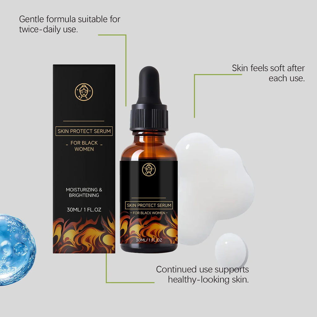 Moisturizing and brightening face serum in a 30ml amber dropper bottle with black and gold flame-patterned packaging.