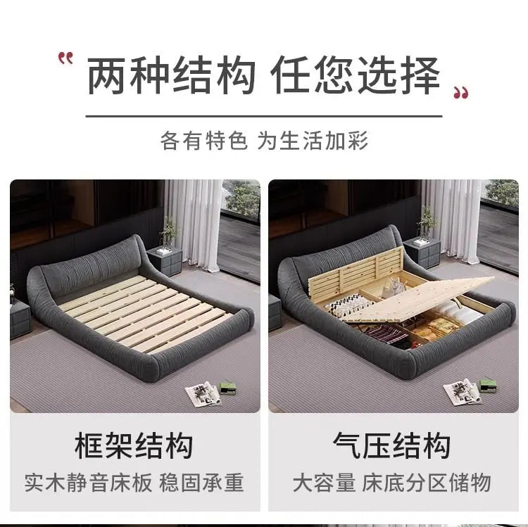 Contemporary grey fabric upholstered bed frame with wooden slats and optional gas-lift under-bed storage.