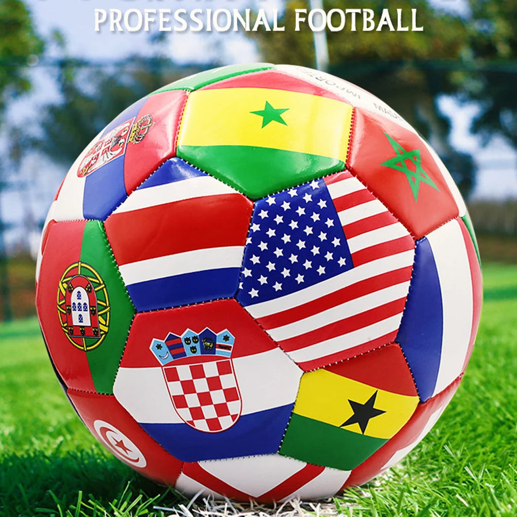 Professional football featuring a multi-coloured panel design showcasing international flags on a grass pitch.
