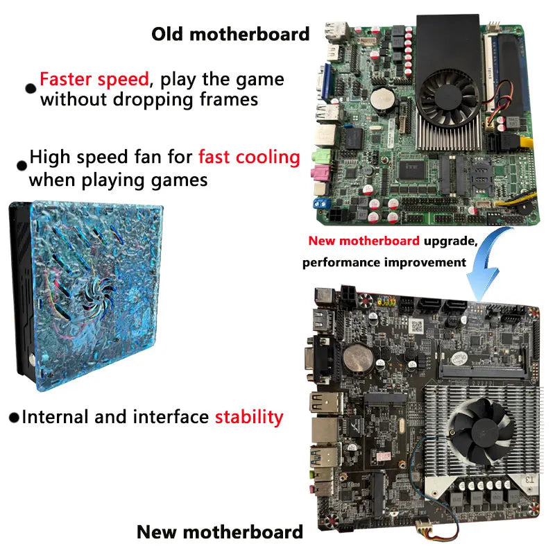 Retro video game console X10 with blue textured casing, showing comparison of old and new motherboards with cooling fans.
