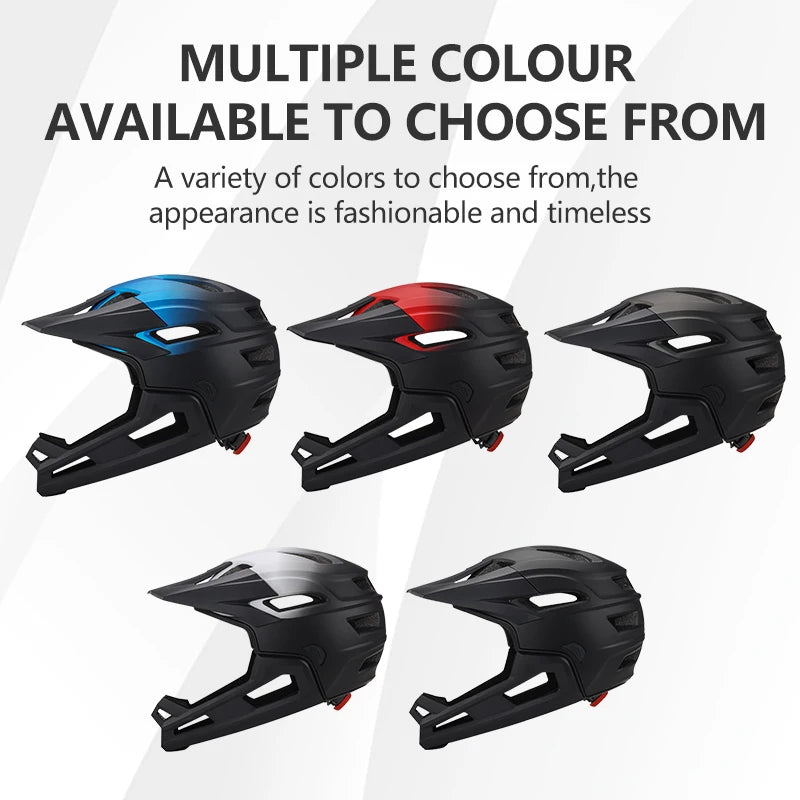 Five full-face mountain bike helmets with visors in black, blue, red, grey, and matte black finishes.