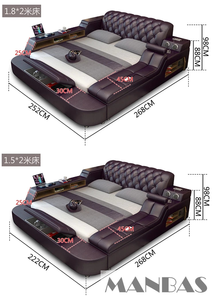 Luxury dark purple tufted upholstered platform bed with integrated side speakers, LED lighting, and storage shelving.