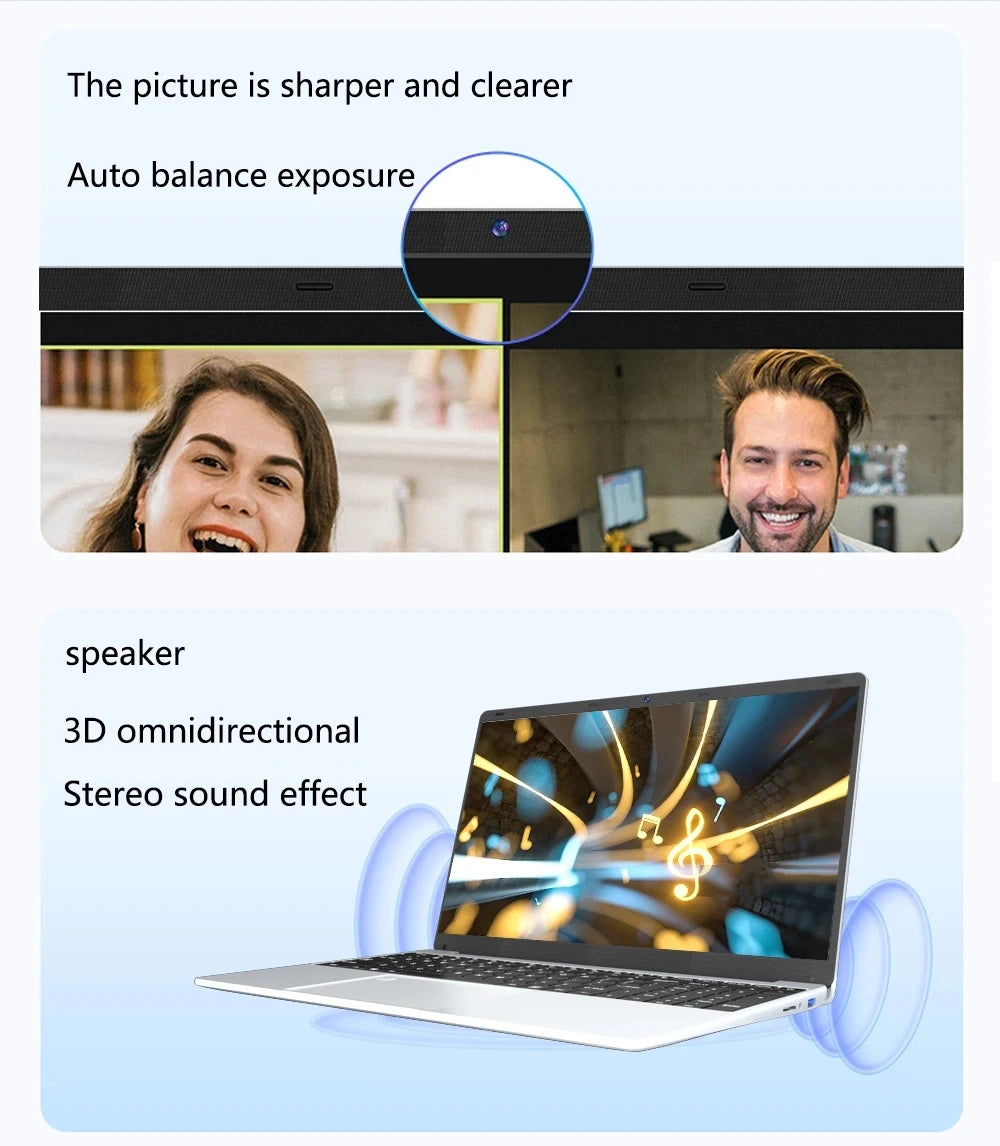 Slim silver laptop showing high-quality webcam video calls and 3D stereo speaker sound effects.