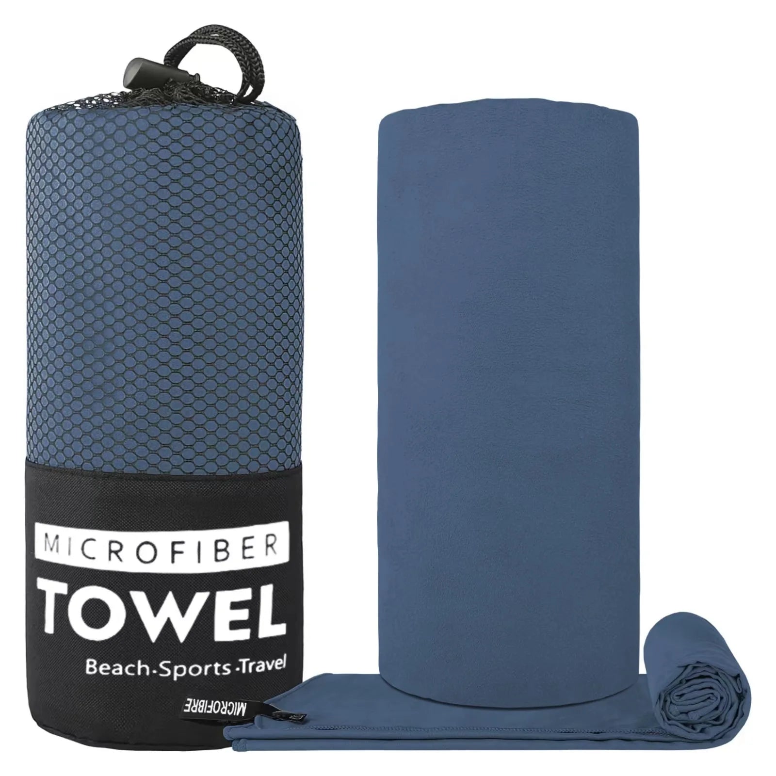 Blue microfibre travel towel, shown rolled and folded, with a black mesh storage carry bag.