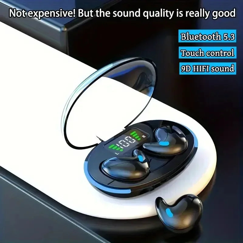 Black wireless earbuds in an oval charging case with a digital battery display and blue accent lighting.