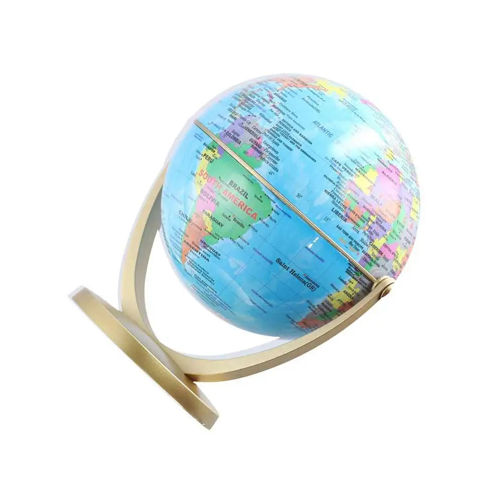 World globe with blue oceans and colourful continents, mounted on a sleek, minimalist metallic gold stand.