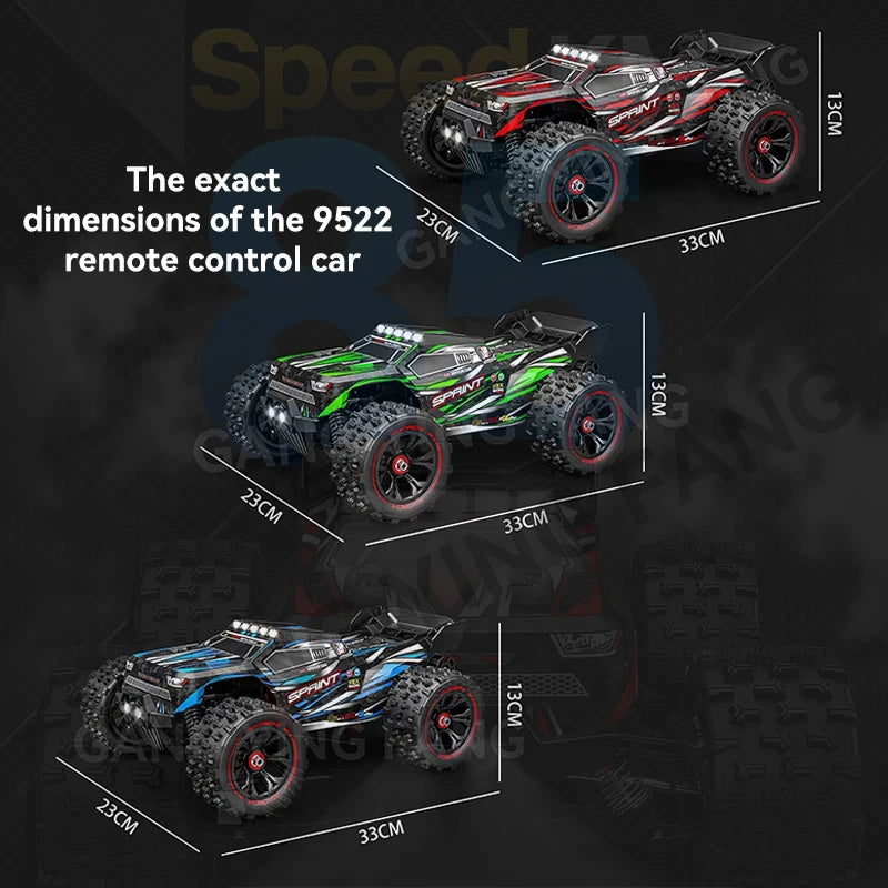 Three 4WD RC monster trucks in red, green, and blue, each with oversized treaded tires and LED headlights.