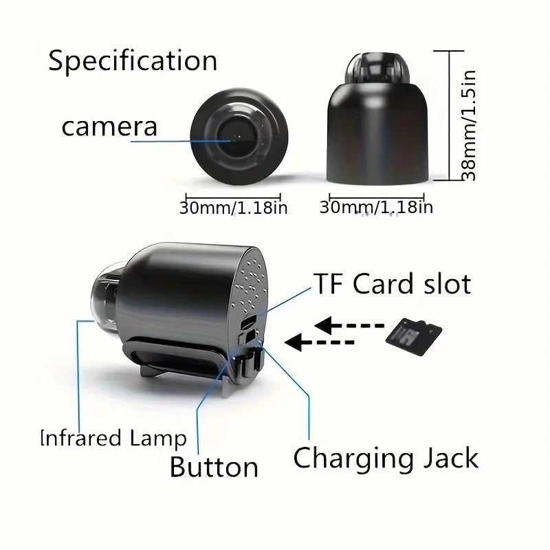 Black mini wireless security camera showing dimensions, TF card slot, infrared lamp, charging port and button controls.