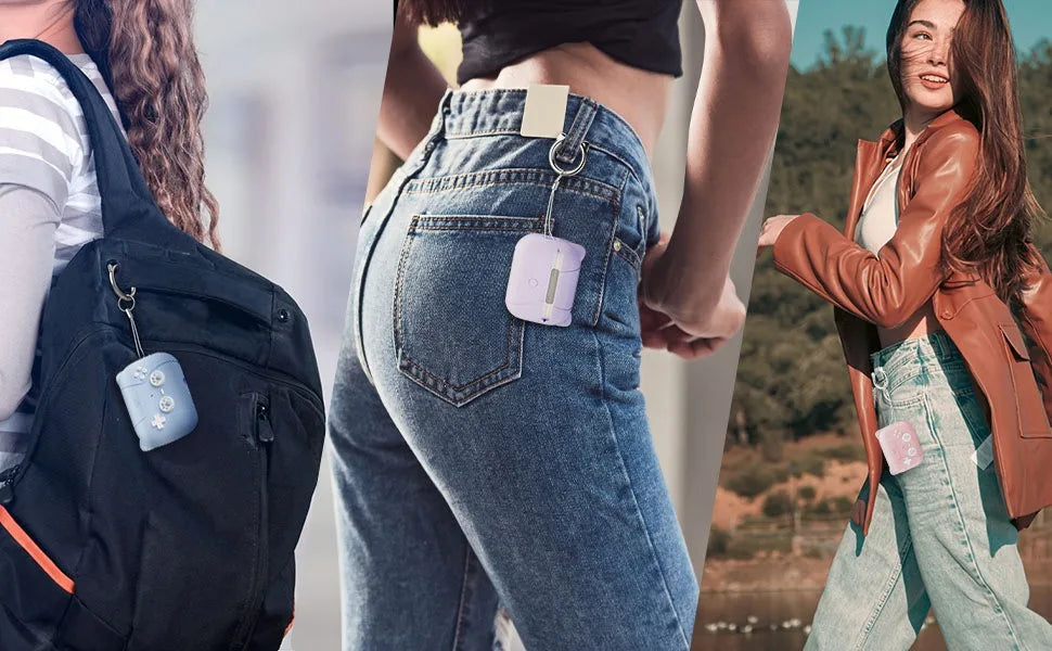 Pastel silicone AirPods cases with retro game controller design and keychain, shown attached to bags and jeans.