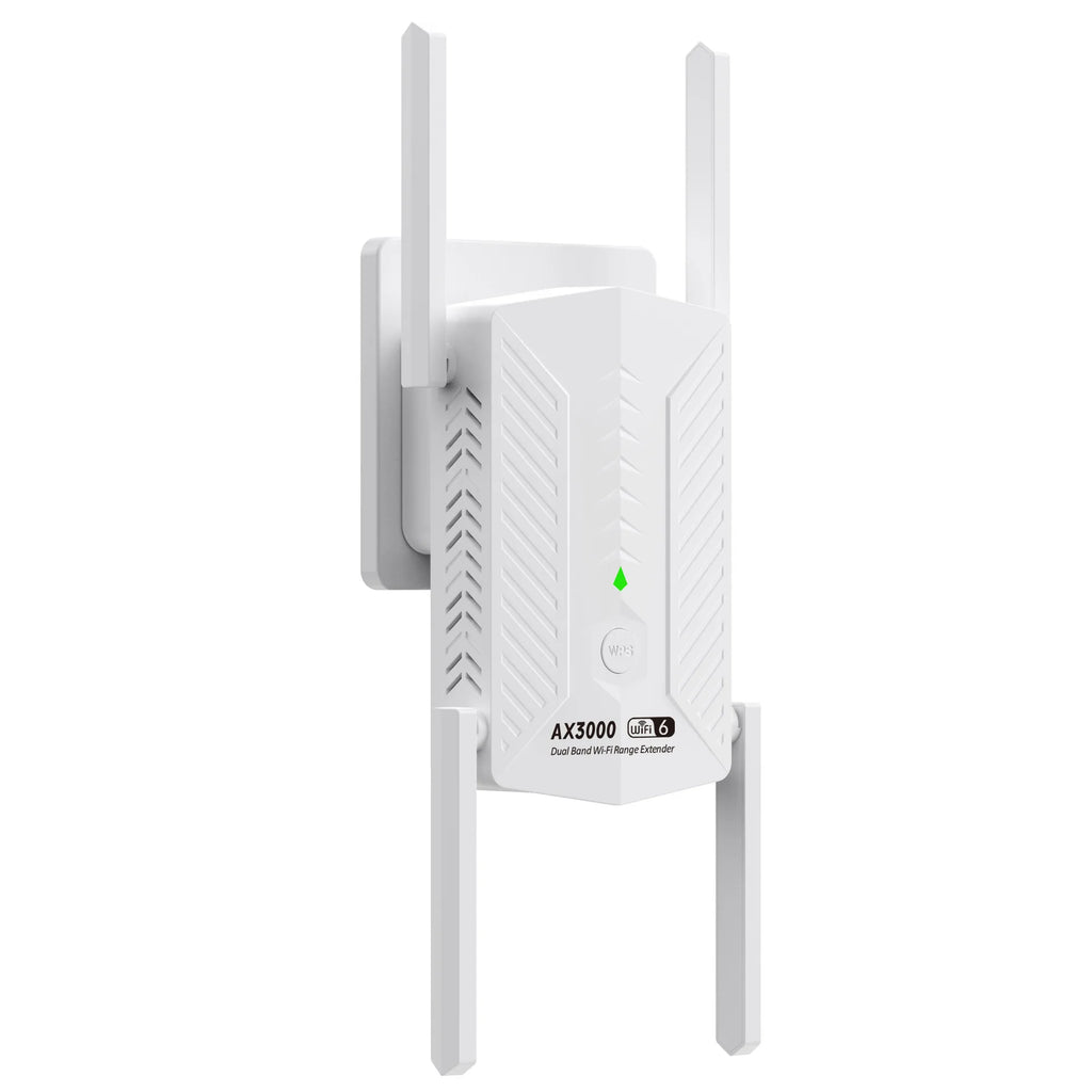 White WiFi 6 range extender with four external antennas and a green status indicator light.