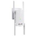 White WiFi 6 range extender with four external antennas and a green status indicator light.