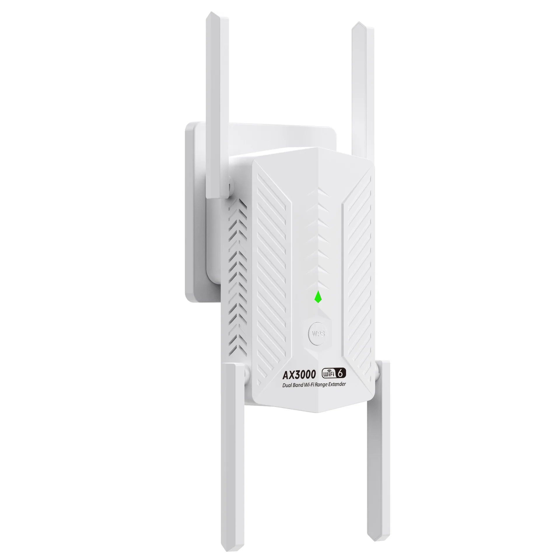 White WiFi 6 range extender with four external antennas and a green status indicator light.