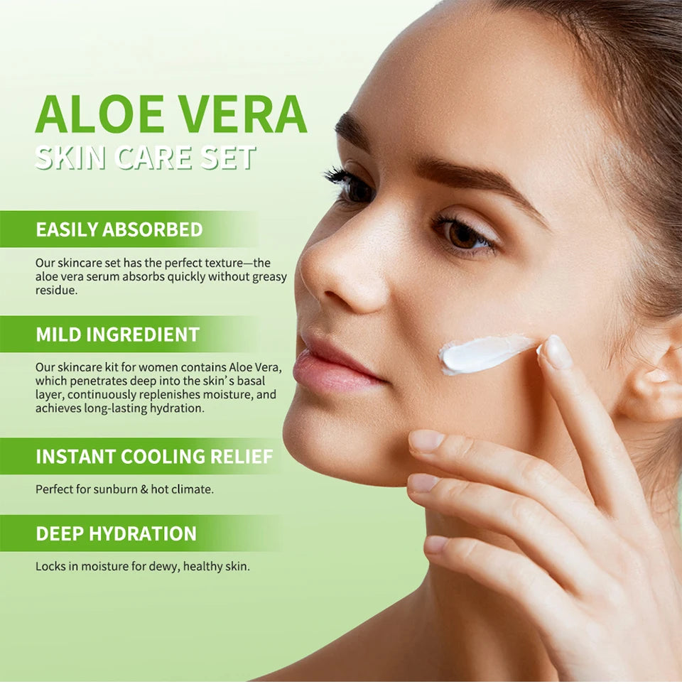 Woman applying white aloe vera skincare cream to her cheek; text highlights absorption, hydration, and cooling relief.