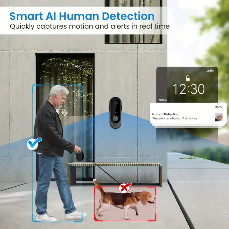 Sleek, black wireless smart video doorbell mounted on a wall, showing AI human detection via a mobile phone alert.