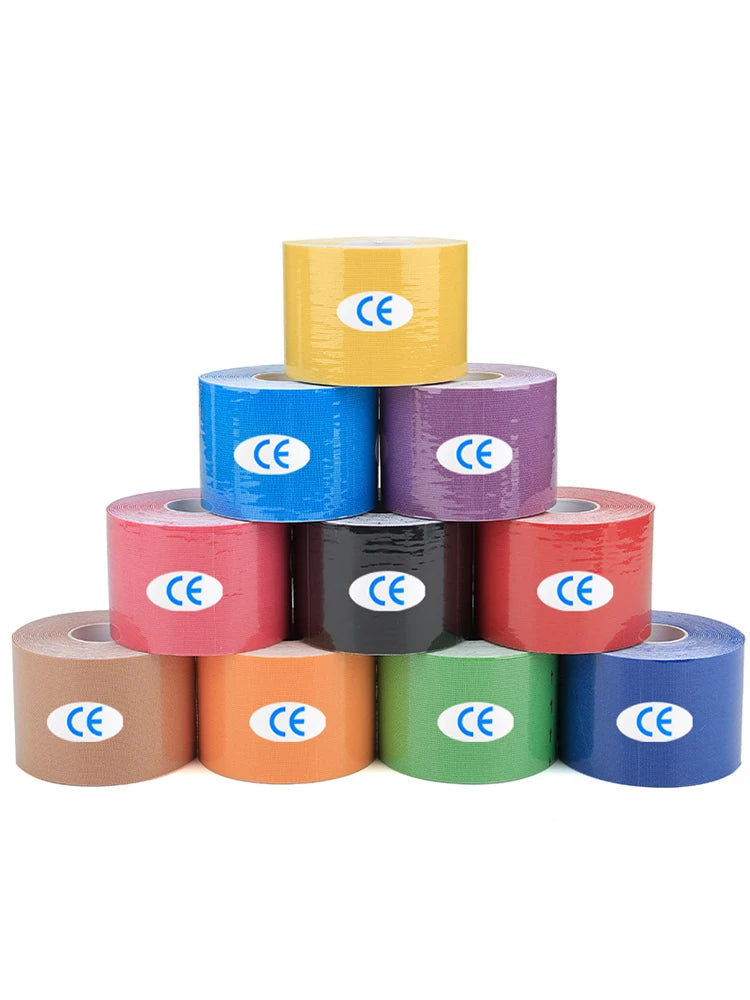 A pyramid stack of ten colourful kinesiology tape rolls, each featuring a white CE-marked sticker.