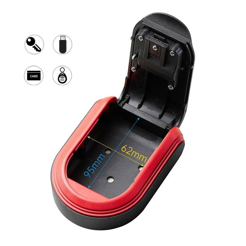 Black and red plastic wall-mounted key storage box, open, with interior dimensions labeled as 95mm by 62mm.