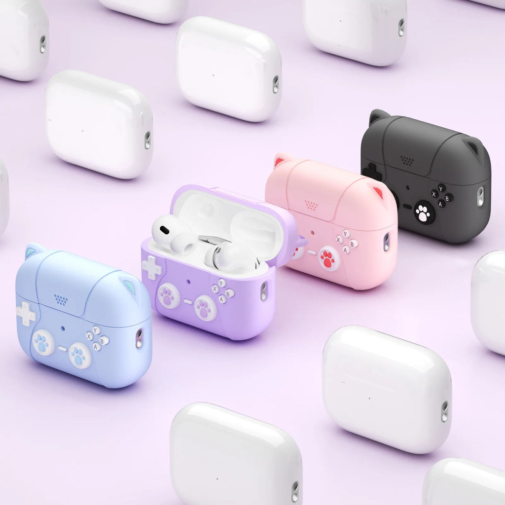 Silicone gaming-controller style cases for AirPods Pro in blue, pink, lilac and grey with paw print details.