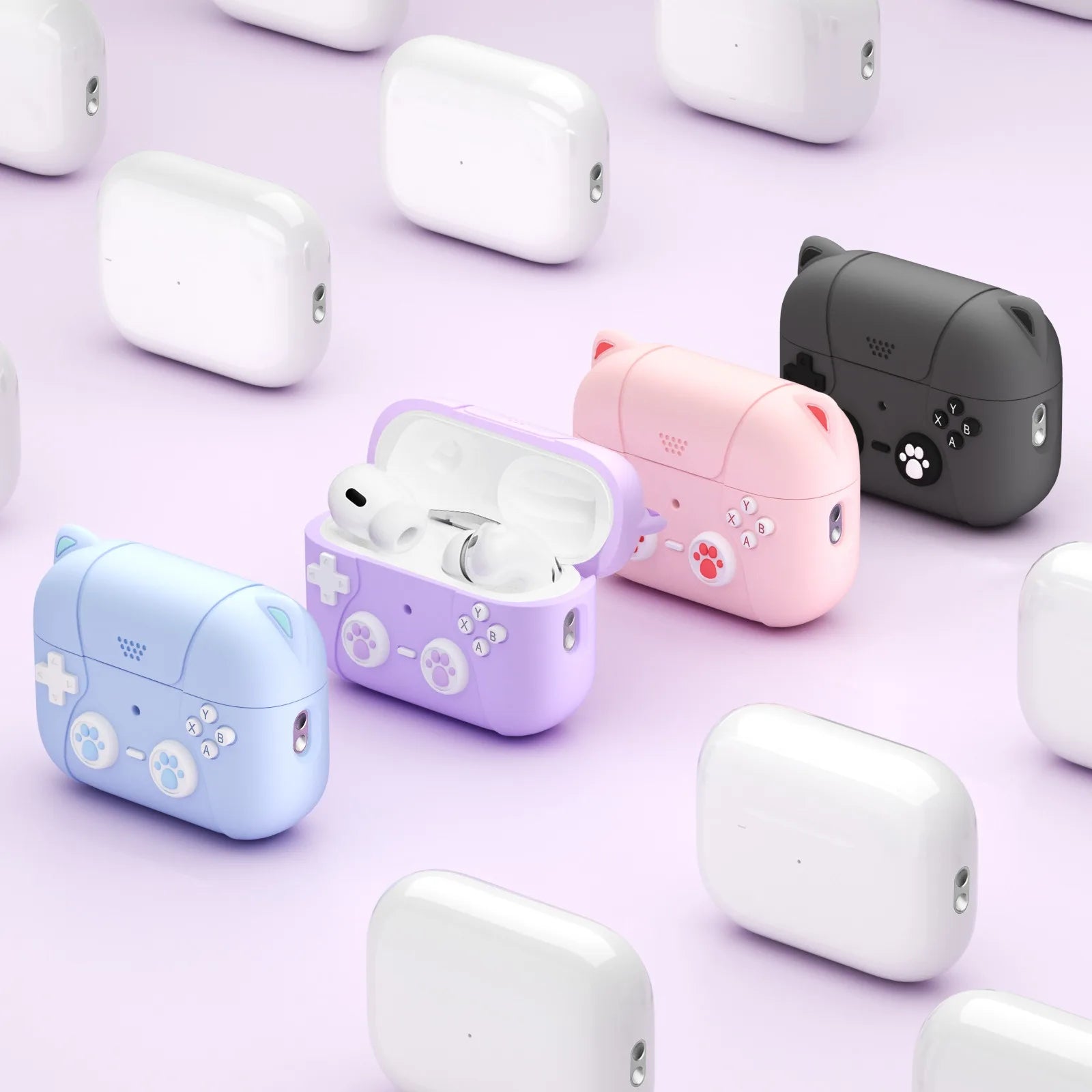 Silicone gaming-controller style cases for AirPods Pro in blue, pink, lilac and grey with paw print details.