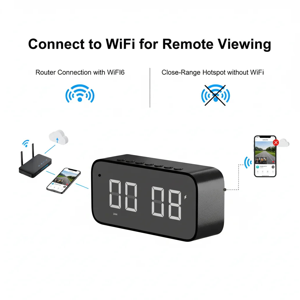 Black plastic digital clock with a hidden camera, featuring Wi-Fi connectivity and remote viewing capabilities.
