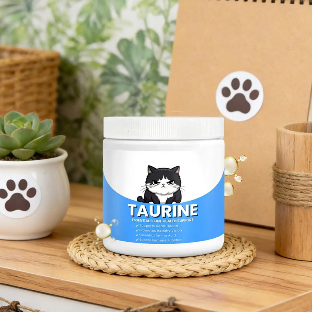 White plastic jar of cat taurine supplement with a blue label featuring a cartoon cat, resting on a woven mat.
