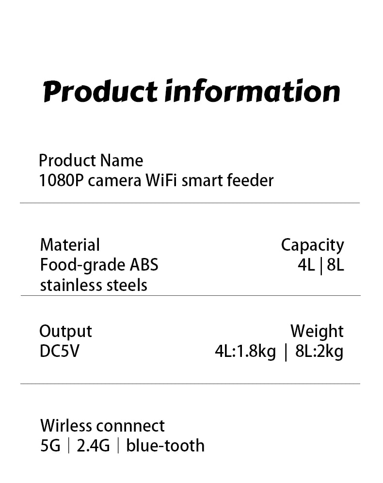 Product information text for a 1080P WiFi smart pet feeder with 4L or 8L capacity made from food-grade ABS and steel.
