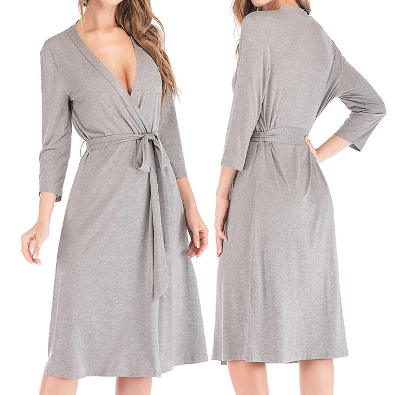 Grey jersey wrap-style robe with three-quarter sleeves and a tie-waist belt, shown from front and back views.