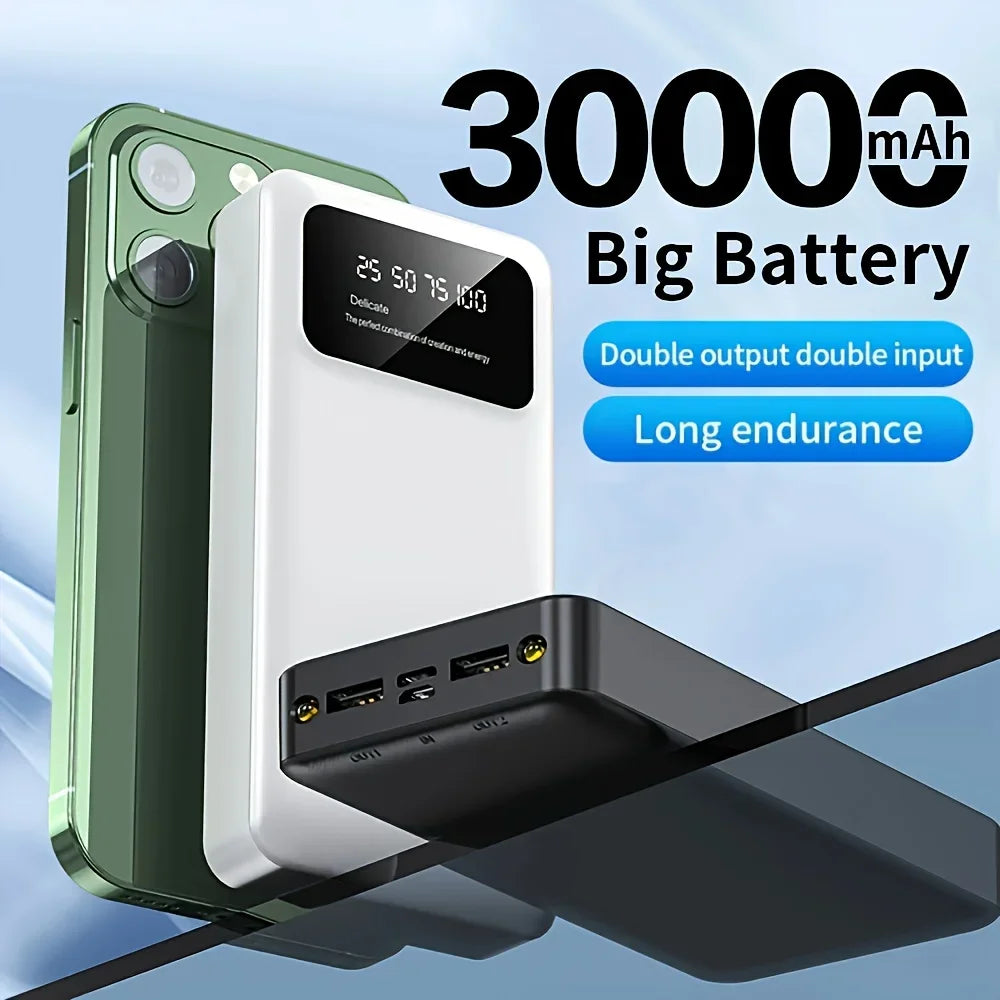 White portable power bank with LED digital display, showing multiple charging ports against a green phone background.