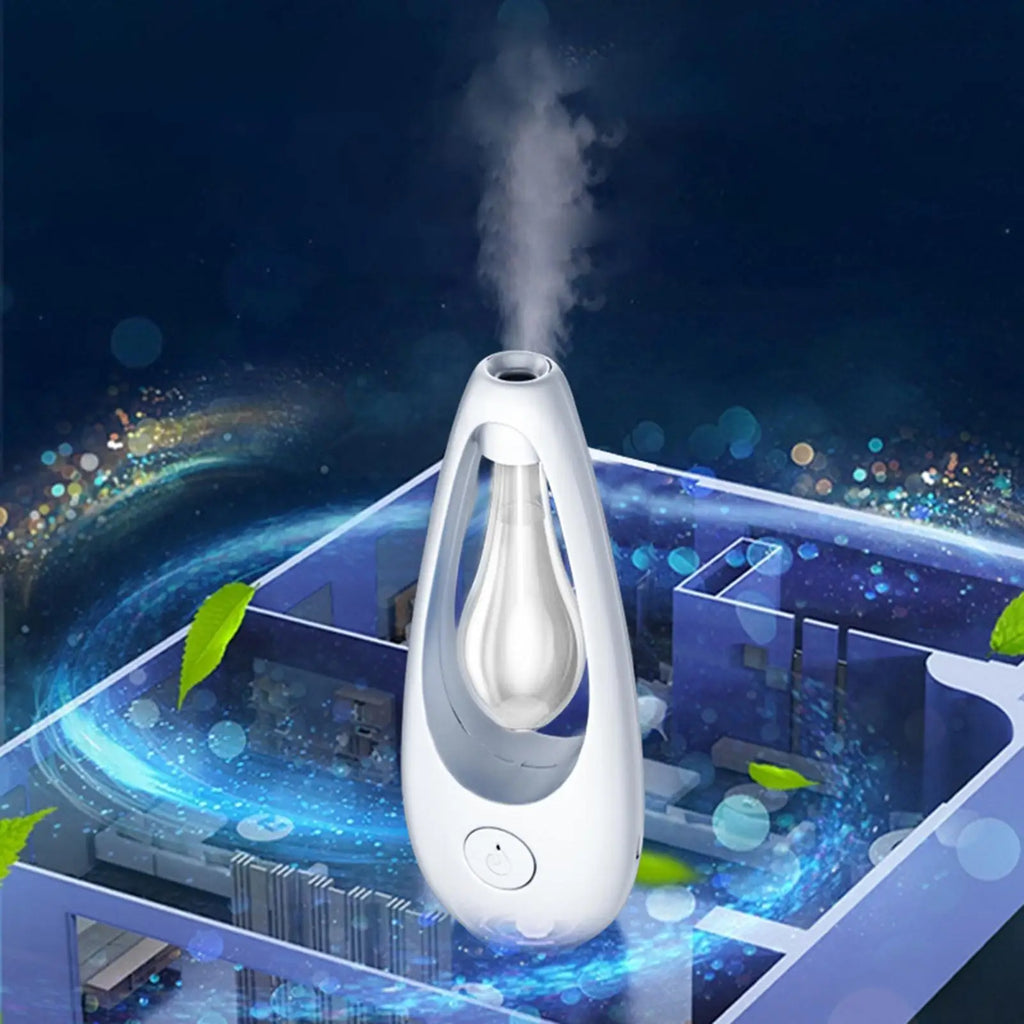 Modern white ultrasonic mist humidifier with a sleek, teardrop-inspired design releasing a cool vapour.
