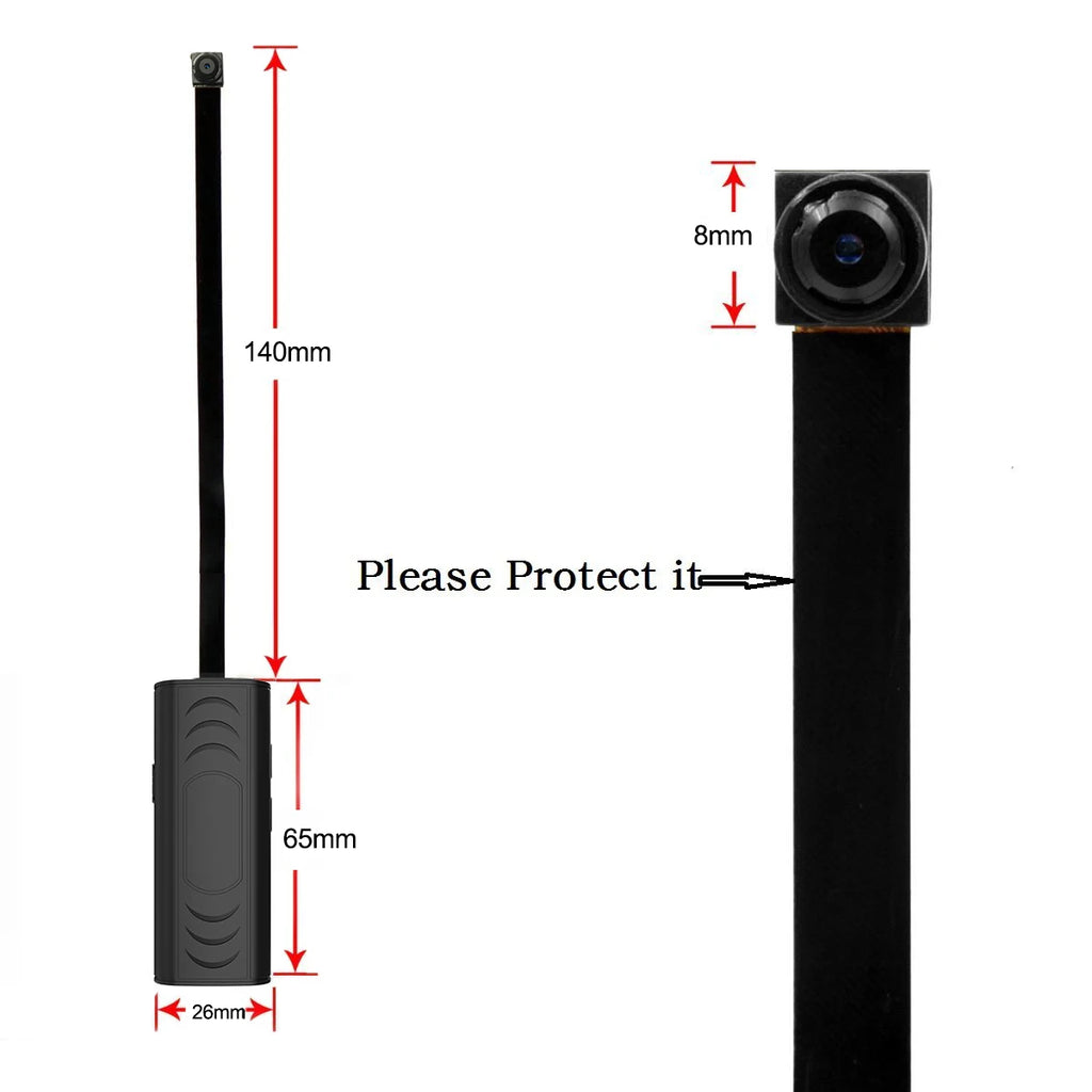 Black mini ribbon cable camera module with a small lens, showing dimensions in mm on a white background.