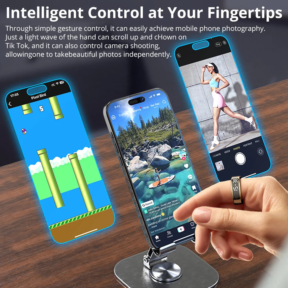 A sleek black and gold smart ring with a digital display, shown being used to gesture-control smartphone apps.