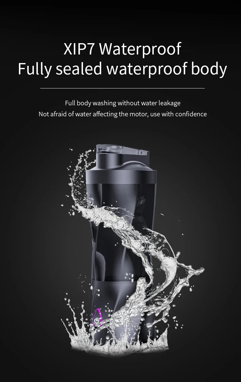 Black electric shaker bottle with a sleek design, shown splashing with water to demonstrate its waterproof feature.