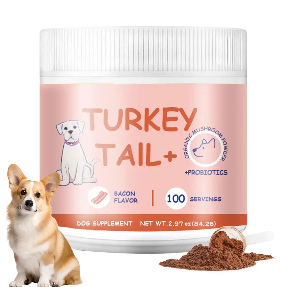 Bacon-flavoured turkey tail mushroom and probiotic powder for dogs, 100 servings, in a pink tub with a small scoop.