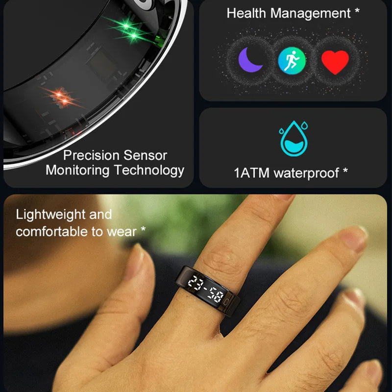 Sleek black smart health ring with LED digital display, precision sensors, fitness tracking and waterproof design.