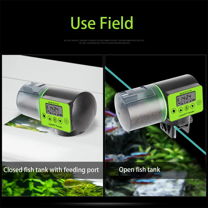 Automatic black and neon green fish tank feeder with a clear food container and digital LCD timer control panel.