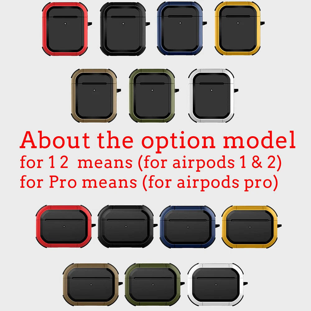 Rugged, multi-colour silicone cases for AirPods 1/2 and AirPods Pro, featuring protective bumper frames.