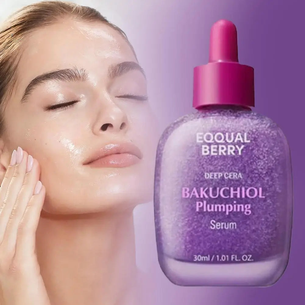 Bakuchiol plumping serum in a purple glass bottle with dropper, shown next to a woman with glowing skin.