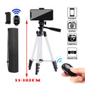 Silver and black adjustable phone tripod with remote shutter, carry bag, and universal device mount. 33-102cm height.