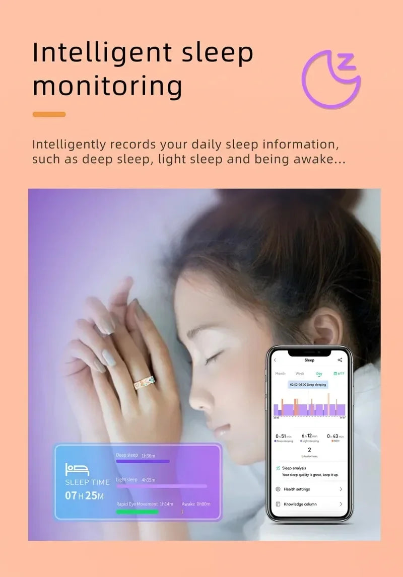 Sleek metallic smart fitness ring worn by a woman sleeping, shown alongside mobile app sleep tracking analytics.