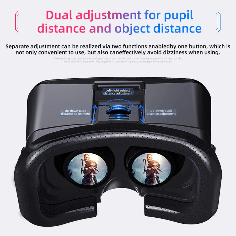 Black VR headset with adjustable pupil and object distance controls, featuring internal lens displays.