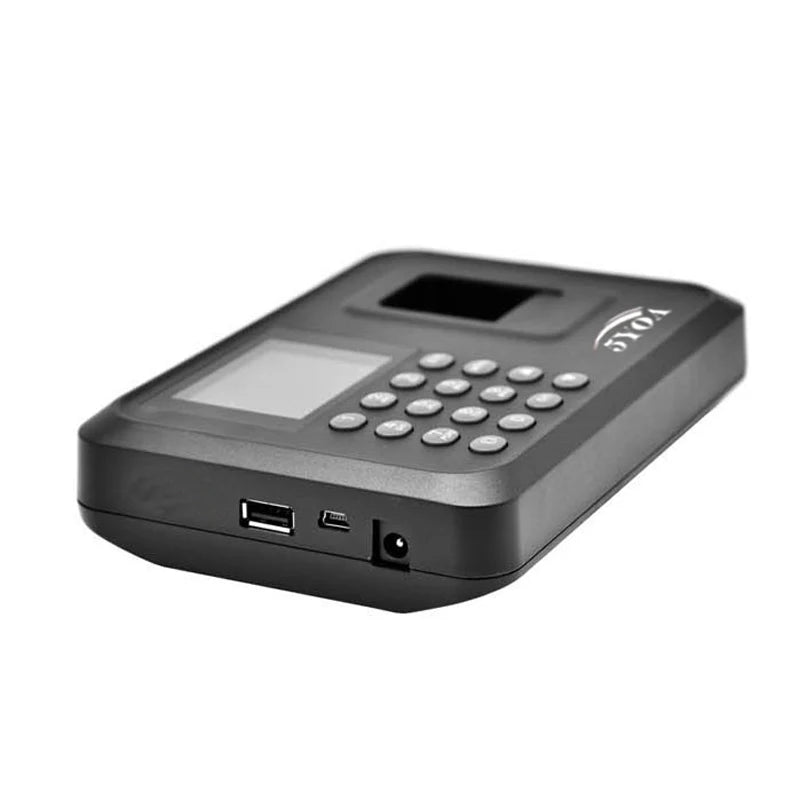 Black plastic fingerprint attendance machine with screen, keypad, USB ports, and power jack.