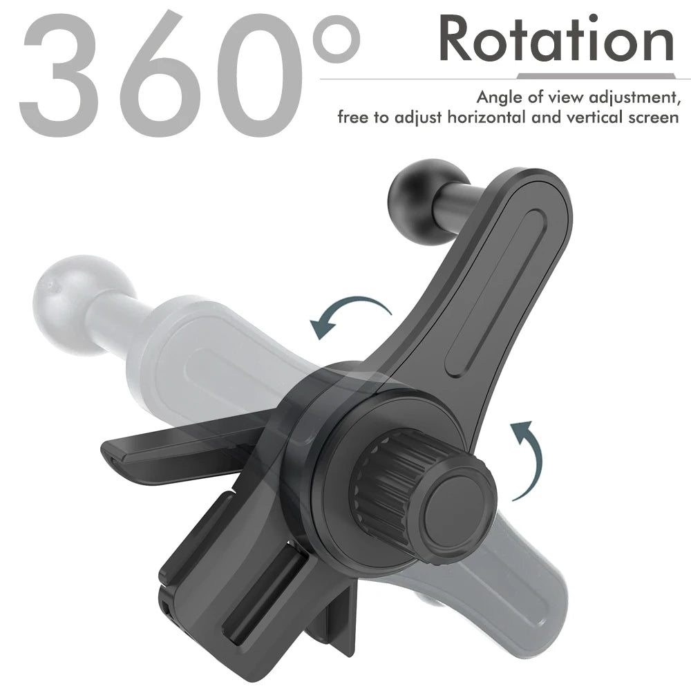 Black 360-degree rotating phone mount featuring a ball-joint connector and adjustable angle design.