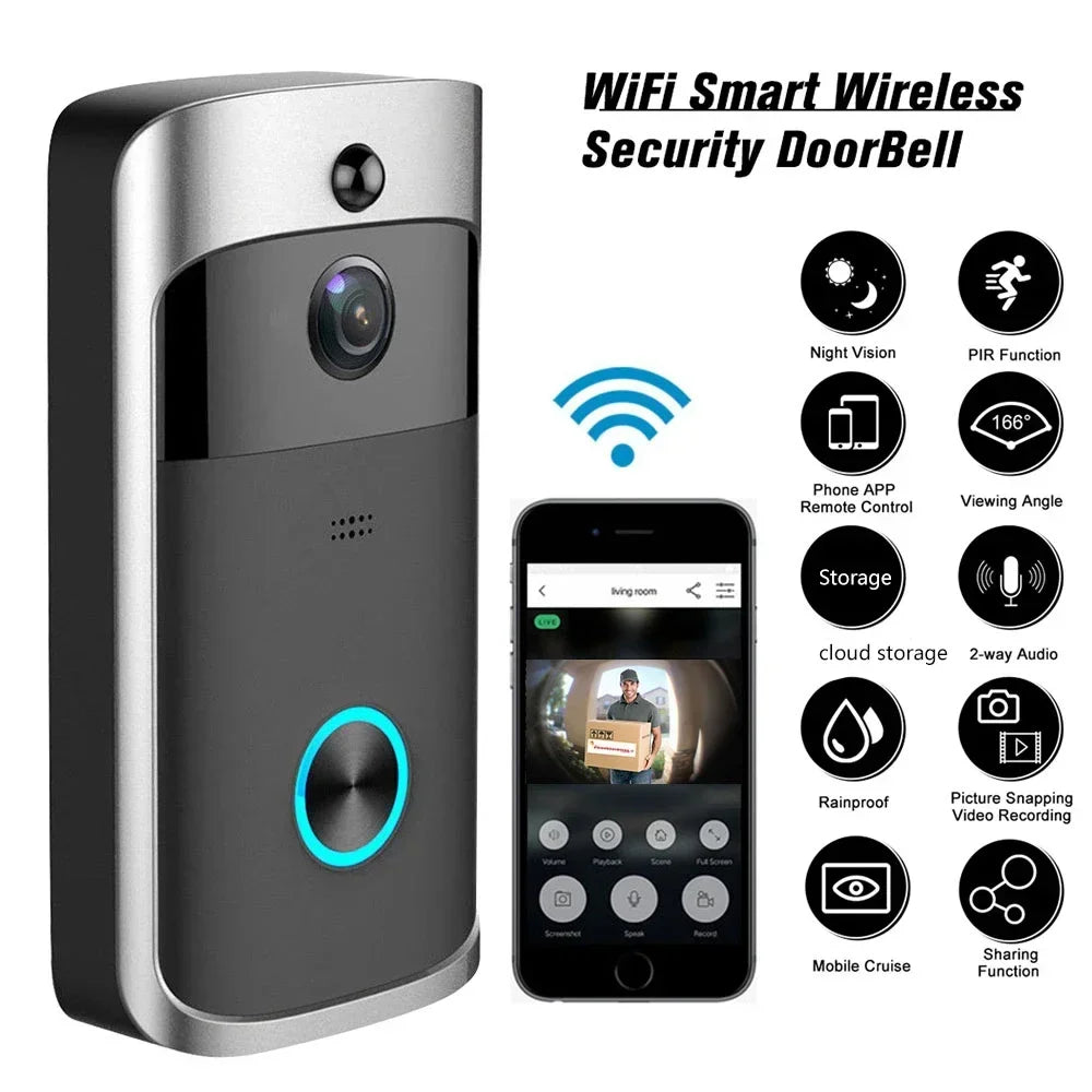 Modern silver and black wireless video doorbell with camera, motion detection, and companion smartphone app features.