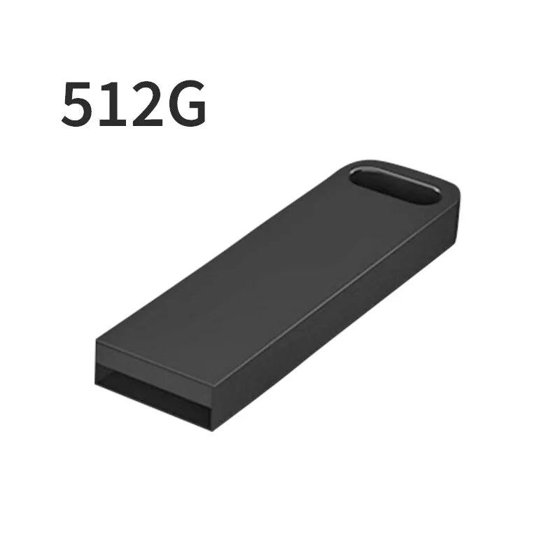 Sleek matte black metal USB flash drive with a built-in keyring loop and 512GB storage capacity.