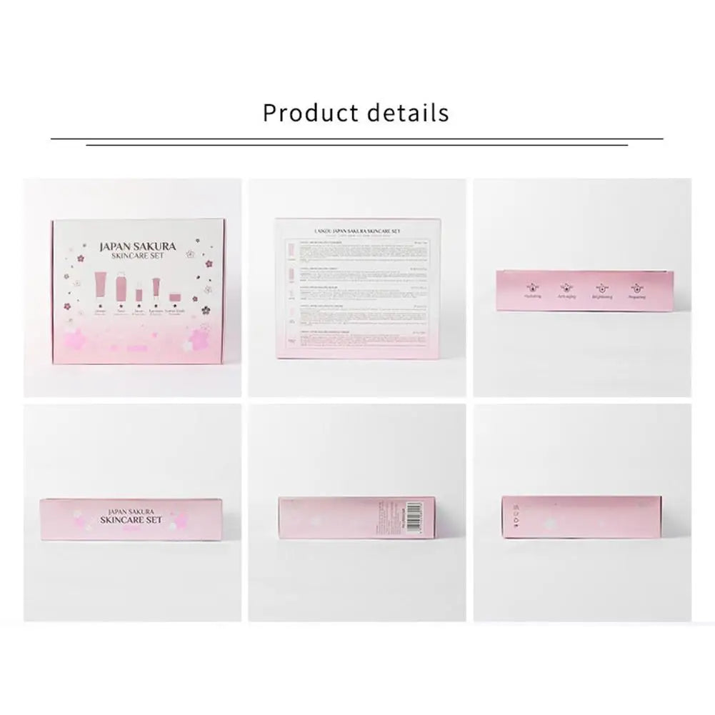 Pink Sakura skincare gift set box with illustrated product details, benefits icons, and ingredient information.