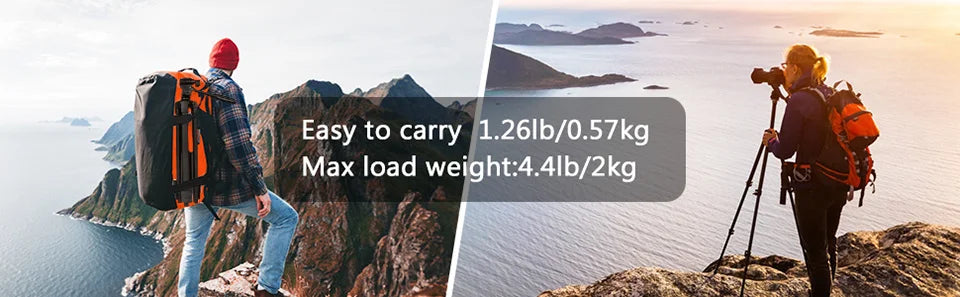 Lightweight orange and black tripod carried on a backpack, suitable for travel photography and hiking.